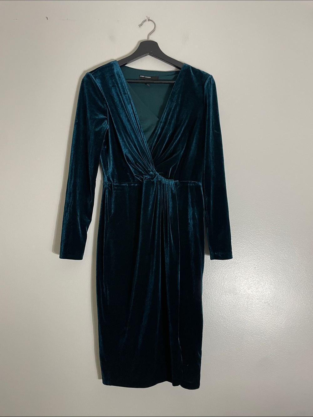 Maggy London Teal Velvet Twist-Front Long Sleeve Cocktail Dress Size 4